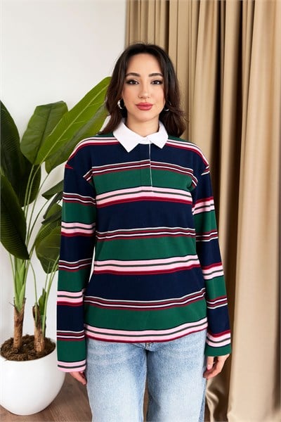 Gömlek Yaka Renk Geçişli Yeşil Sweatshirt