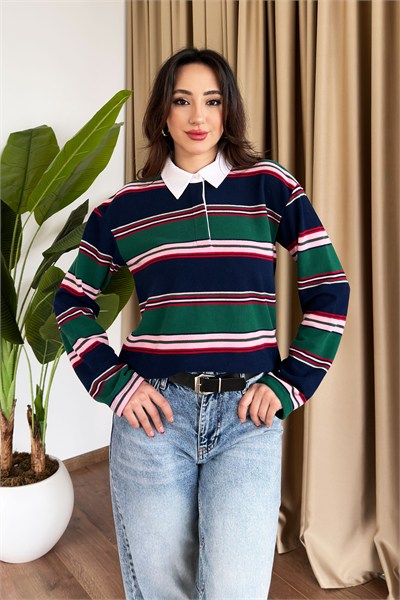Gömlek Yaka Renk Geçişli Yeşil Sweatshirt