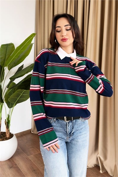 Gömlek Yaka Renk Geçişli Yeşil Sweatshirt