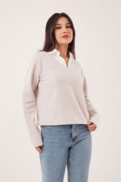 Gömlek Yakalı Bej Bluz