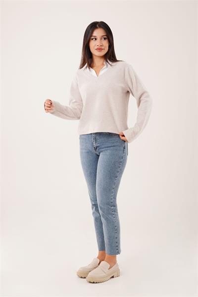 Gömlek Yakalı Bej Bluz