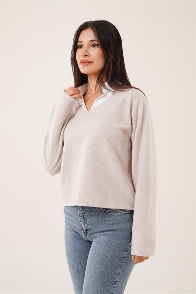 Gömlek Yakalı Bej Bluz