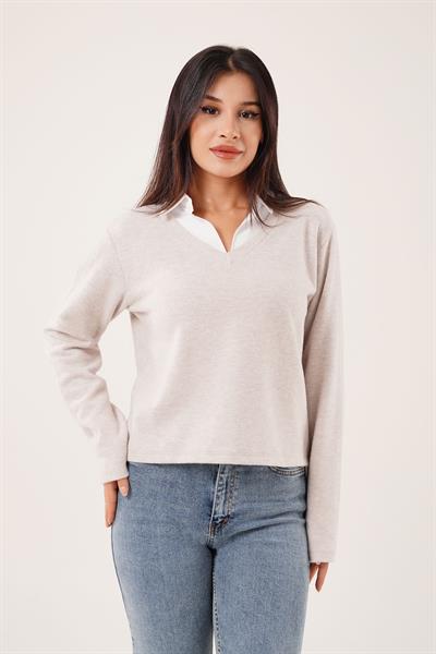 Gömlek Yakalı Bej Bluz