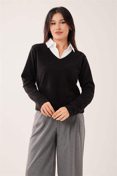 Gömlek Yakalı Siyah Bluz