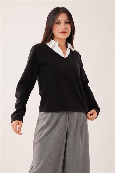 Gömlek Yakalı Siyah Bluz
