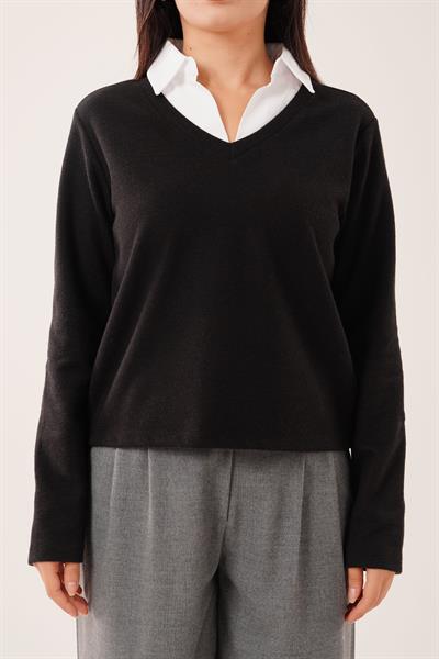 Gömlek Yakalı Siyah Bluz