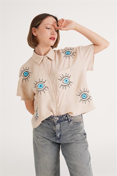 Göz Nakışlı Kısa Kol Bej Gömlek