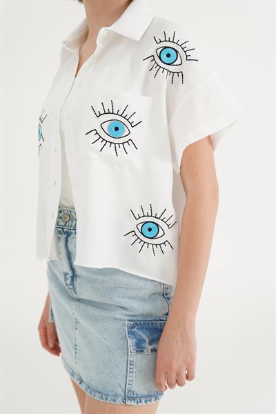 Göz Nakışlı Kısa Kol Beyaz Gömlek