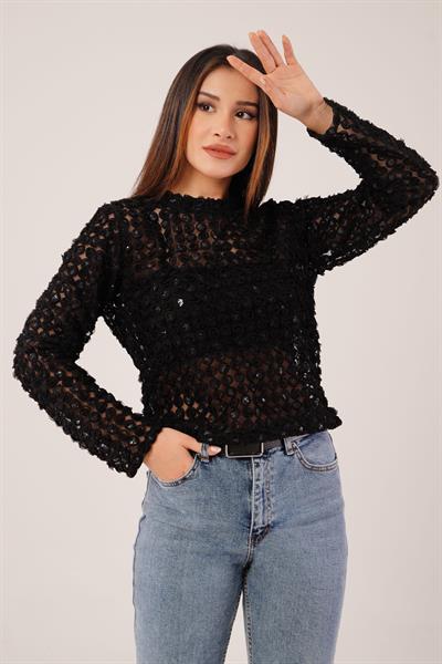 Gül Desen Payet İşlemeli Transparan Siyah Bluz
