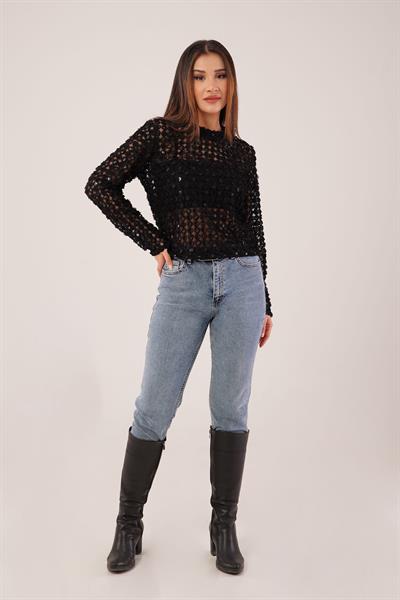 Gül Desen Payet İşlemeli Transparan Siyah Bluz