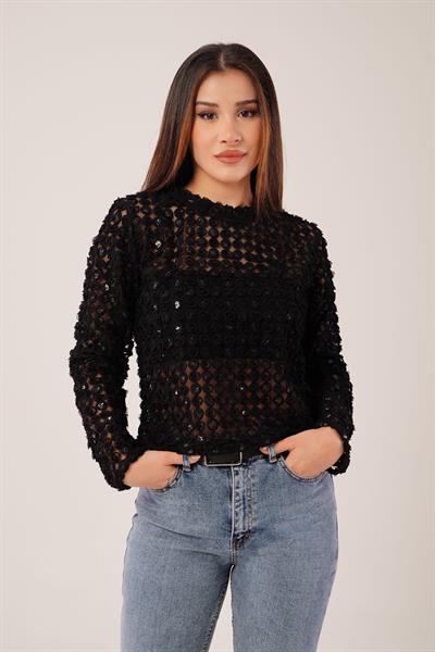 Gül Desen Payet İşlemeli Transparan Siyah Bluz