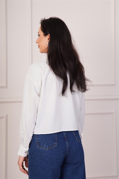 Gümüş Çizgili Düğmeli Beyaz Gömlek