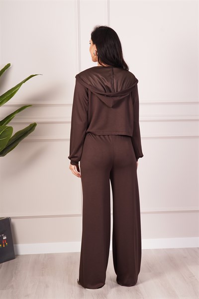 Hırka Pantolon Crop Üçlü Modal Kahve Takım