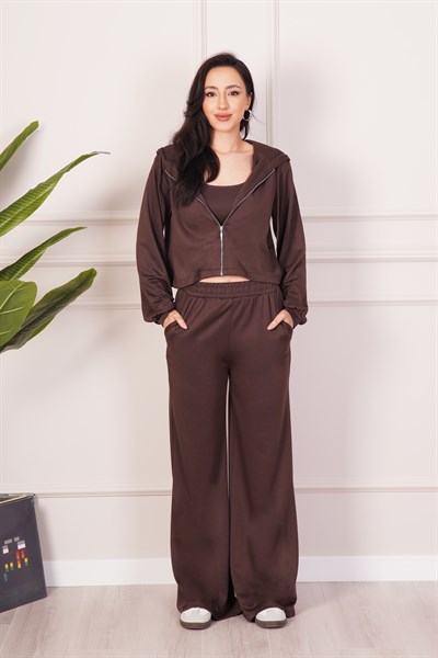 Hırka Pantolon Crop Üçlü Modal Kahve Takım