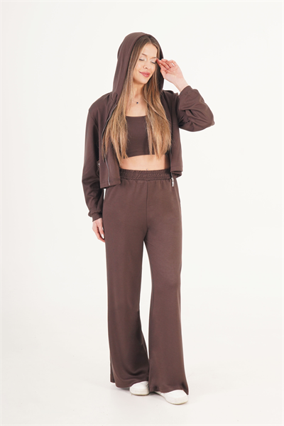 Hırka Pantolon Crop Üçlü Modal Kahve Takım
