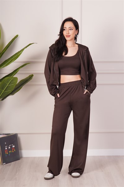 Hırka Pantolon Crop Üçlü Modal Kahve Takım