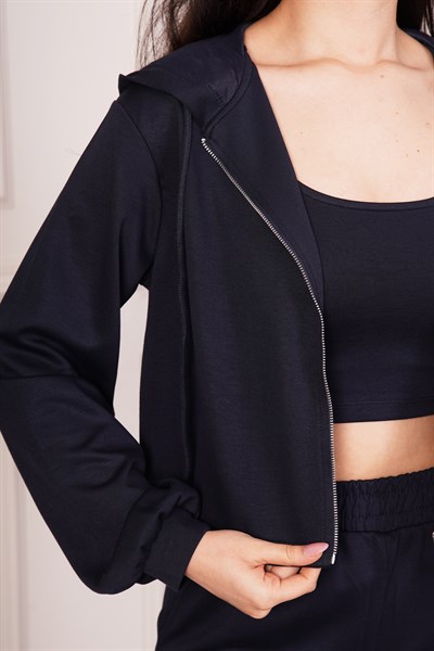 Hırka Pantolon Crop Üçlü Modal Lacivert Takım