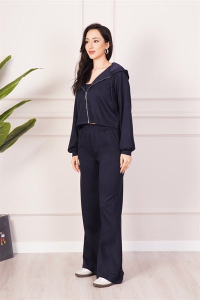 Hırka Pantolon Crop Üçlü Modal Lacivert Takım