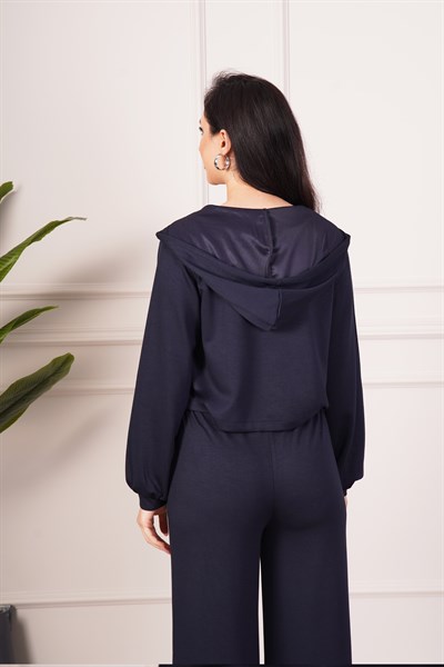 Hırka Pantolon Crop Üçlü Modal Lacivert Takım