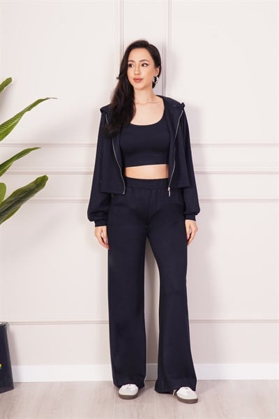 Hırka Pantolon Crop Üçlü Modal Lacivert Takım