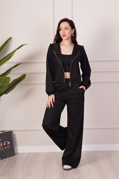 Hırka Pantolon Crop Üçlü Modal Siyah Takım