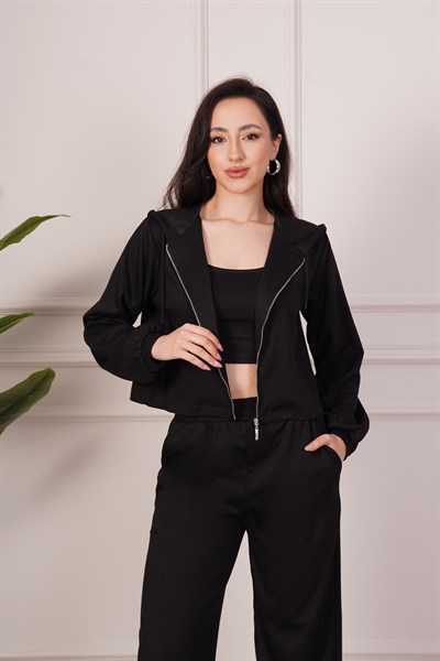 Hırka Pantolon Crop Üçlü Modal Siyah Takım