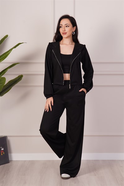 Hırka Pantolon Crop Üçlü Modal Siyah Takım