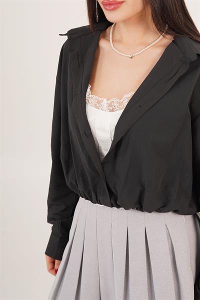 Dantel Detaylı Beyaz Askılı Body ve Siyah Gömlek