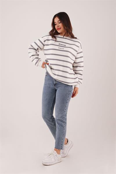 İçi Polarlı Çizgili Boston Yazılı Gri Sweatshirt
