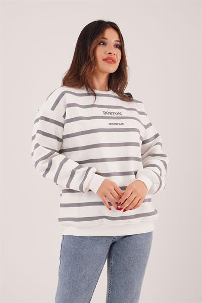 İçi Polarlı Çizgili Boston Yazılı Gri Sweatshirt