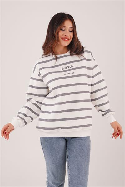İçi Polarlı Çizgili Boston Yazılı Gri Sweatshirt