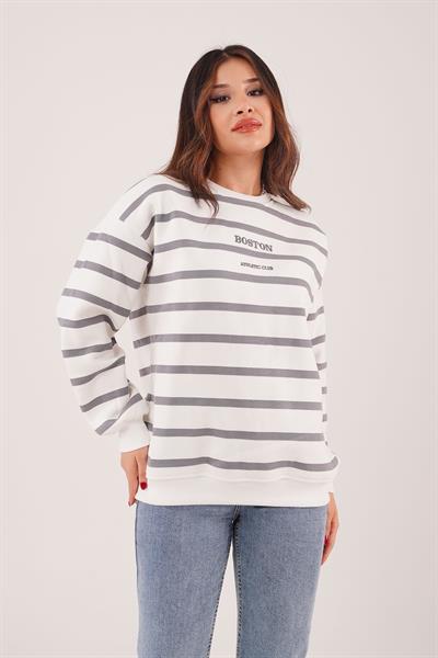 İçi Polarlı Çizgili Boston Yazılı Gri Sweatshirt