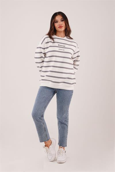 İçi Polarlı Çizgili Boston Yazılı Gri Sweatshirt