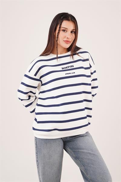 İçi Polarlı Çizgili Boston Yazılı Lacivert Sweatshirt