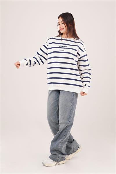 İçi Polarlı Çizgili Boston Yazılı Lacivert Sweatshirt
