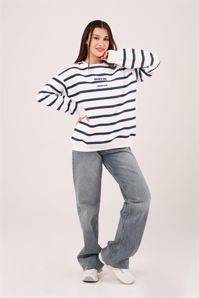 İçi Polarlı Çizgili Boston Yazılı Lacivert Sweatshirt