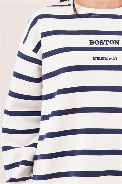 İçi Polarlı Çizgili Boston Yazılı Lacivert Sweatshirt