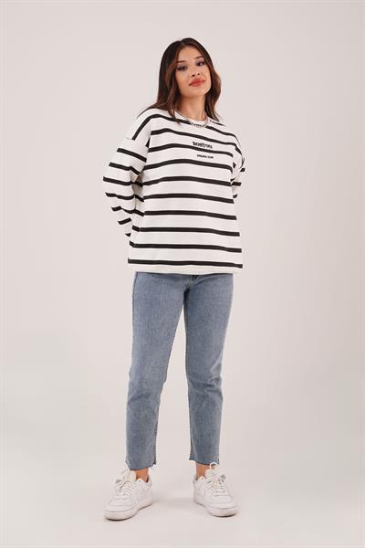 İçi Polarlı Çizgili Boston Yazılı Siyah Sweatshirt