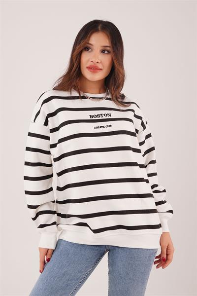 İçi Polarlı Çizgili Boston Yazılı Siyah Sweatshirt