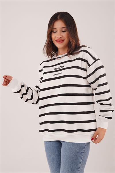 İçi Polarlı Çizgili Boston Yazılı Siyah Sweatshirt