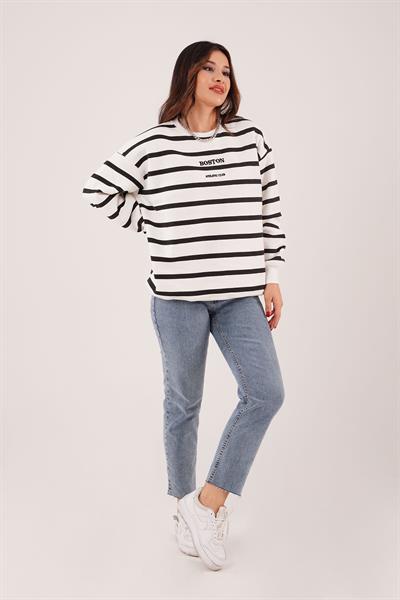 İçi Polarlı Çizgili Boston Yazılı Siyah Sweatshirt
