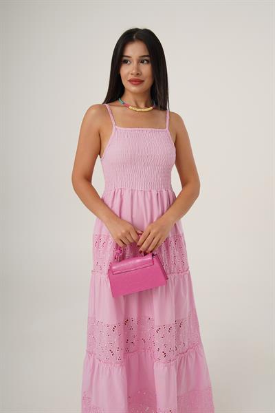 İnce Askılı Ribanalı Pembe Uzun Elbise