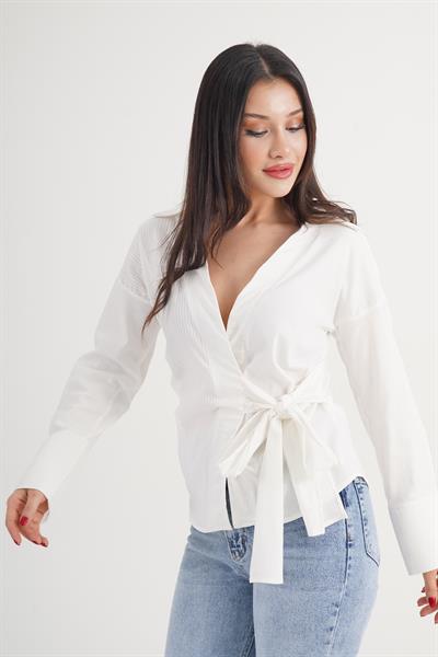 İnce Çizgili Yandan Bağlama Regular Kalıp Krem Gömlek