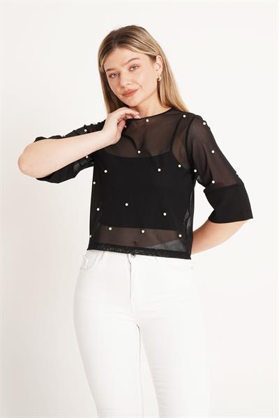 İnci İşlemeli Tüllü Siyah Bluz