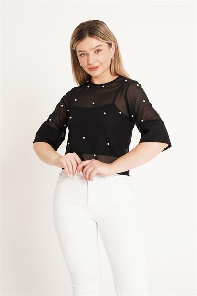 İnci İşlemeli Tüllü Siyah Bluz