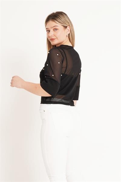 İnci İşlemeli Tüllü Siyah Bluz
