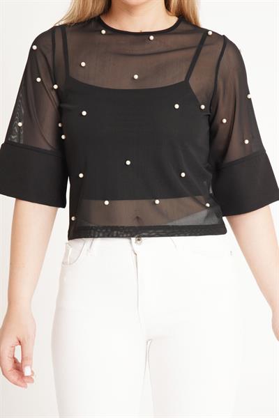 İnci İşlemeli Tüllü Siyah Bluz