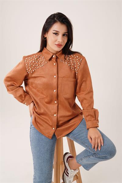İnci ve Taş İşlemeli Cepli Nubuk Camel Gömlek
