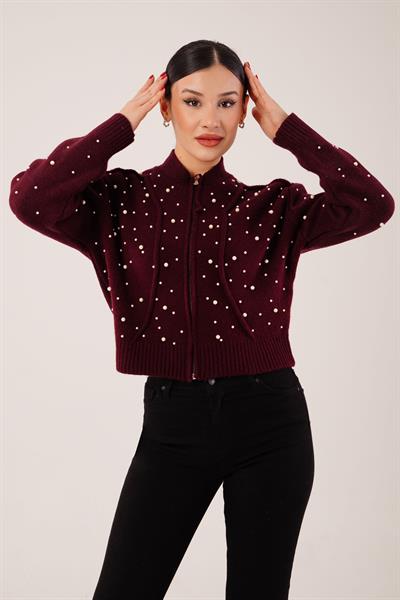 Full İnci İşlemeli Bordo Triko Hırka