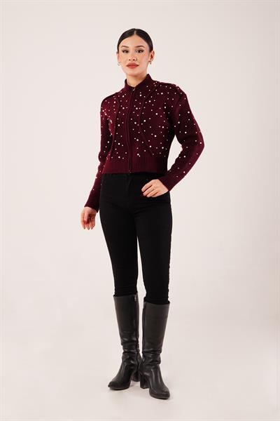 Full İnci İşlemeli Bordo Triko Hırka